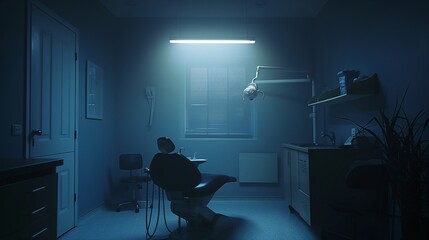 A minimalist dental office with a single chair in the spotlight