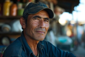 Portrait of a man with a cap in a street market.