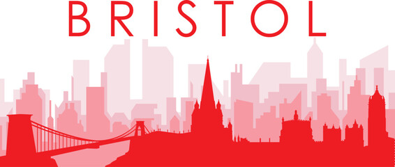 Red panoramic city skyline poster with reddish misty transparent background buildings of BRISTOL, UNITED KINGDOM