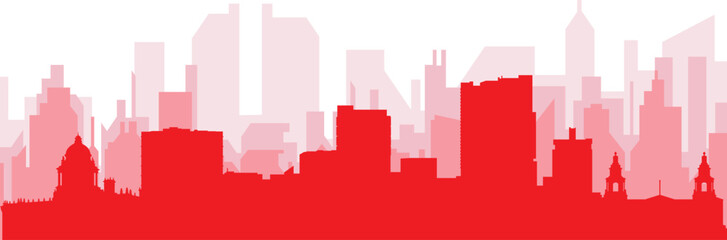 Red panoramic city skyline poster with reddish misty transparent background buildings of LEEDS, UNITED KINGDOM