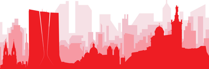 Red panoramic city skyline poster with reddish misty transparent background buildings of MARSEILLES, FRANCE