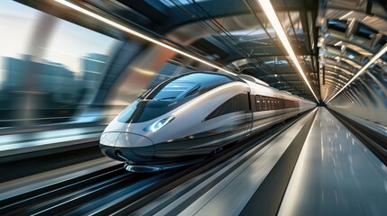 A high-speed bullet train speeding along a sleek, modern railway track, with futuristic design and...