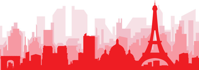 Fototapeta premium Red panoramic city skyline poster with reddish misty transparent background buildings of PARIS, FRANCE