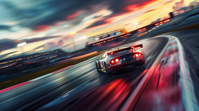A professional race car driver speeding around the track during a high-stakes competition