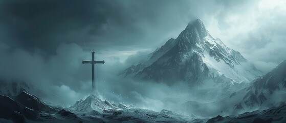 Ethereal cross above clouded peak