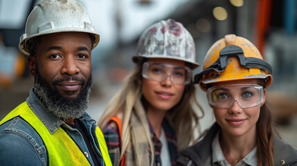 A group of three construction workers standing in front of an industrial construction site