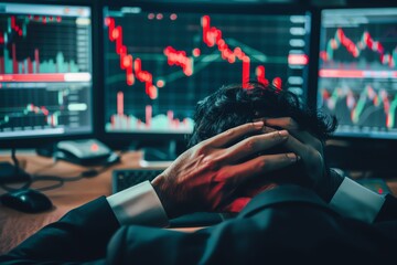 Analyzing Deep Losses Seen from behind, a businessman analyzes detailed technical graphs with red indicators showing a significant downturn in crypto trading His fingers are poised above the keyboard,