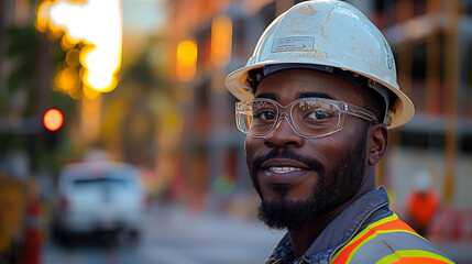 Smiling man with dreadlocks wearing sunglasses and a construction helmet