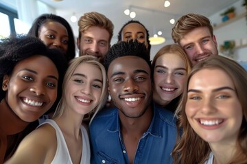 Multicultural happy people taking group selfie portrait in the office, diverse people celebrating together, Happy lifestyle and teamwork concept