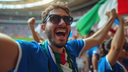 Naklejka premium A happy fan at a public event in a stadium, holding an Italian flag with a smile and making a gesture, while enjoying the fun and leisure with a cheering crowd. AIG41