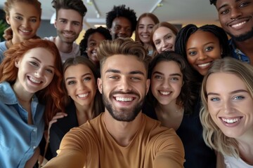 Multicultural happy people taking group selfie portrait in the office, diverse people celebrating together, Happy lifestyle and teamwork concept