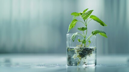 Create a poetic depiction of a green plant gracefully thriving in a laboratory pot, nurtured through hydroponic techniques - obrazy, fototapety, plakaty
