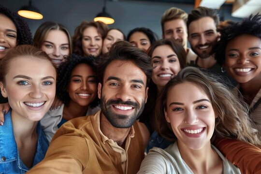 Multicultural happy people taking group selfie portrait in the office, diverse people celebrating together, Happy lifestyle and teamwork concept
