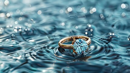 Create a poetic description of a gold diamond ring gliding on the water's surface, portraying it as a symbol of beauty and luxury that transcends the ordinary - obrazy, fototapety, plakaty