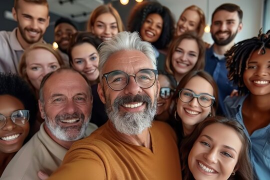 Multicultural happy people taking group selfie portrait in the office, diverse people celebrating together, Happy lifestyle and teamwork concept