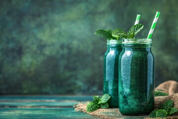 Smoothie with spirulina, presented in a stylish glass bottle with a straw and mint. Green vintage background. Copy space for text. Concept: refreshing, nutritious drink, product for detox, superfoods.