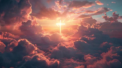 Fotobehang Divine cross against sunrise clouds © Seksan