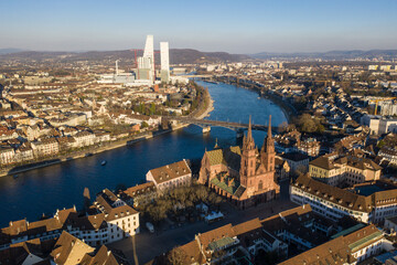 Basel, Switzerland: Aerial view of Basel old town, the cathedral and office tower along the Rhine...