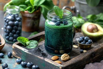 Spirulina smoothie on a wooden tray with blueberry, mint,  avocado and nuts. Concept: nutritional supplements, healthy food, product for detox or superfoods, healthy breakfast, vegan food