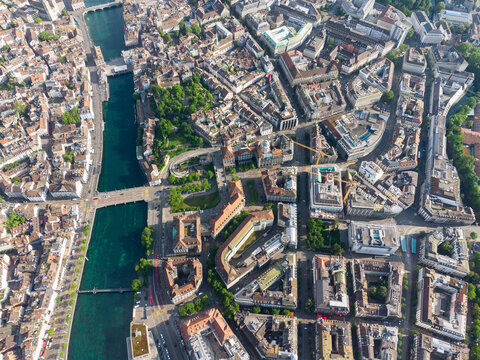 Zurich, Switzerland: Aerial view of Zurich city center with the Limmat river between the historic old town and the business and financial center in Switzerland largest city