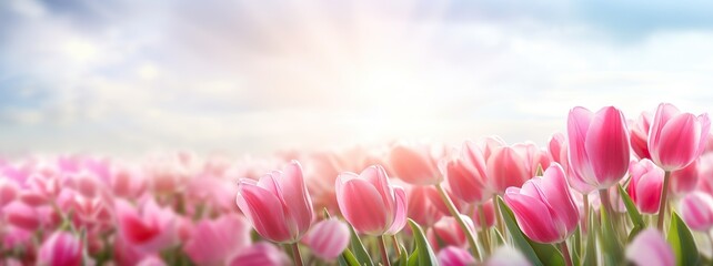 Group of pink tulips in the park agains clouds. Spring blurred background postcard - obrazy, fototapety, plakaty