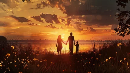 Outdoor-Kissen Silhouetted family peacefully holding hands on calm riverbank during sunset hour, portraying loving togetherness embraced by serene natural surroundings © INT888
