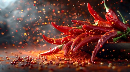 Copy Space Hot red chili pepper, fresh red hot chillies with chilli flakes design advertisement element - Powered by Adobe