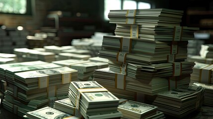 Create a visually appealing 3D scene featuring a neat stack of one hundred US dollar bills.
