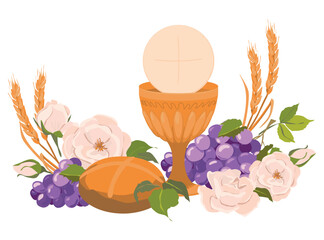 Composition of Christian symbols, attributes of the first communion. Golden bowl for wine, bread, wine, grapes, white roses in flat style. Design elements for an invitation to the Holy Eucharist.