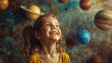 Naklejka premium Planets are flying around the smiling girl in the room. Space system. Wonder of the Galaxy. The universe around the baby's head