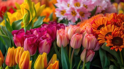 A vibrant display of various flowers, including tulips, lilies, and sunflowers, at a local flower market, showcasing nature's colorful palette.