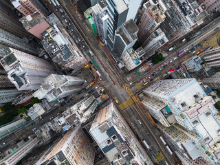 North Point, Hong Kong: Overhead aerial view of a road intersection in the very crowded North Point...