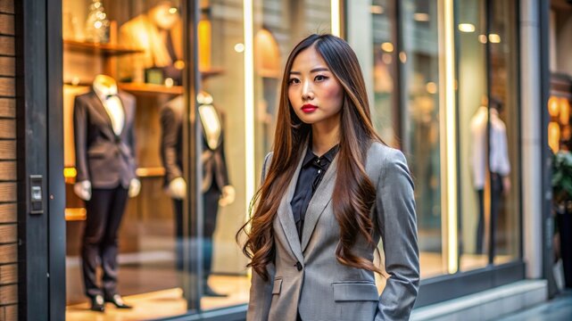 donna asiatica con capelli lunghi in giacca e cravatta e gonna con tacchi alti davanti a una vetrina