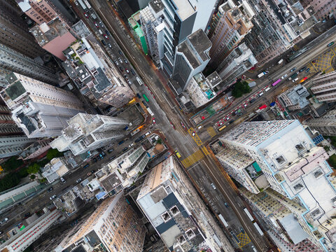 North Point, Hong Kong: Overhead aerial view of a road intersection in the very crowded North Point district in Hong Kong island in China