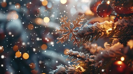 Delicate snowflakes gently falling against a backdrop of festive decorations, creating a picturesque scene of holiday enchantment. 8k, realistic, full ultra HD, high resolution, and cinematic