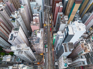North Point, Hong Kong: Dramatic aerial view of the King's road in the very crowded North Point...