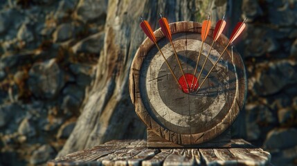 Create an engaging 3D scene showcasing three arrows striking the target dead center