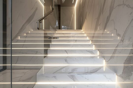 Luxury white marble stairway in modern office building interior.
