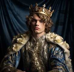 A photo ceremony of an European king, who has a brown mustache wearing a steel crown and a royal mantle, sitting on a throne in a glory pose in the middle of the photo. Generative AI.
