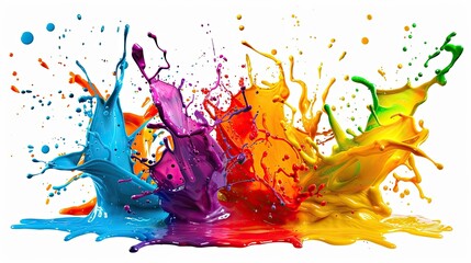 Create an explosion of vibrant and wild color splashes isolated on a white background