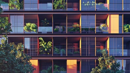 Create a vivid 3D illustration of a modern apartment building facade. Incorporate sleek glass...