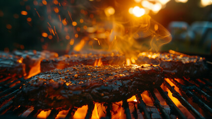 A photo of A sizzling steak being grilled over an open flame at a backyard barbecue party during sunset