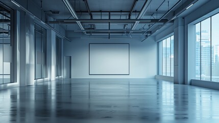 A blank square photo frame in a modern dance studio, large mirrors and minimal design, shot in architectural photography style