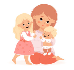 Happy family. Mom with little son and daughter. Vector illustration. Cute woman with blonde children