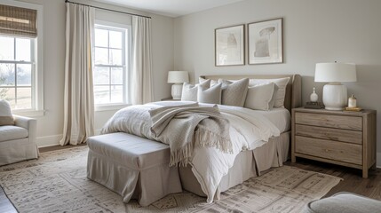 Fototapeta na wymiar Tranquil bedroom retreat featuring natural linen textures and muted colors for a sweet dream
