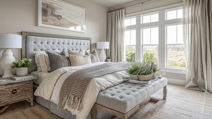 Tranquil bedroom retreat featuring natural linen textures and muted colors for a sweet dream - obrazy, fototapety, plakaty