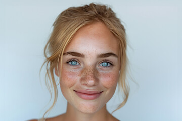 Freckles blonde blue-eyed woman, perfect skin, smiling photo on white isolated background