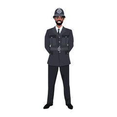 Young black bearded british policeman standing with uniform. Flat vector illustration isolated on white background