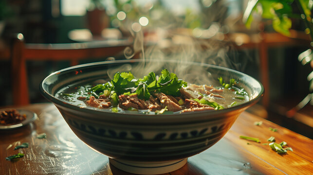 A steaming bowl of aromatic pho soup garnished with fresh herbs and slices of beef