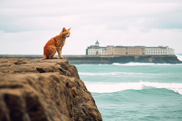 A cat is sitting on a rocky cliff overlooking the ocean - Powered by Adobe